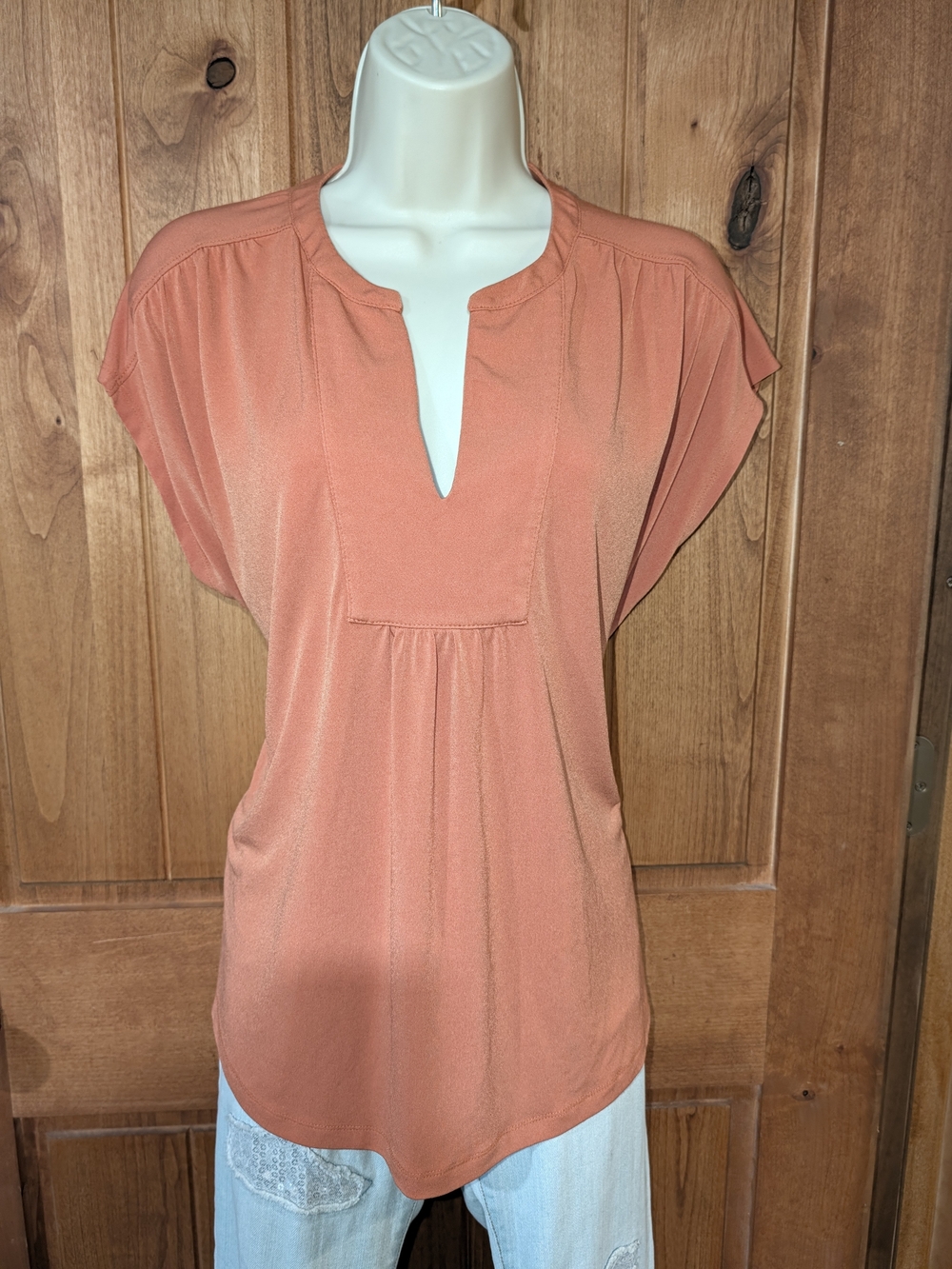 Tahari Split V-Neck Short Sleeve Top in Terracotta